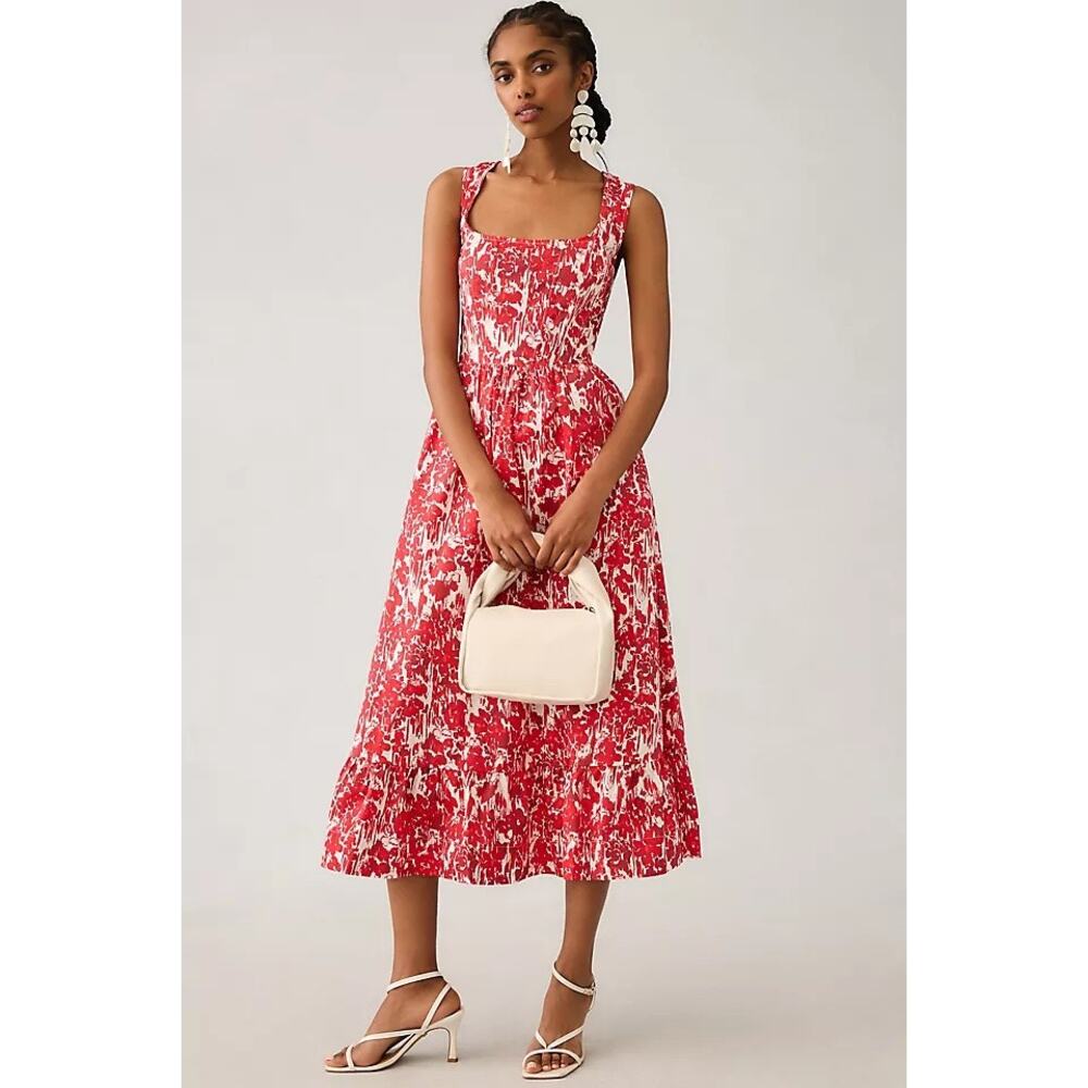 Anthropologie Red and White Printed Midi Dress